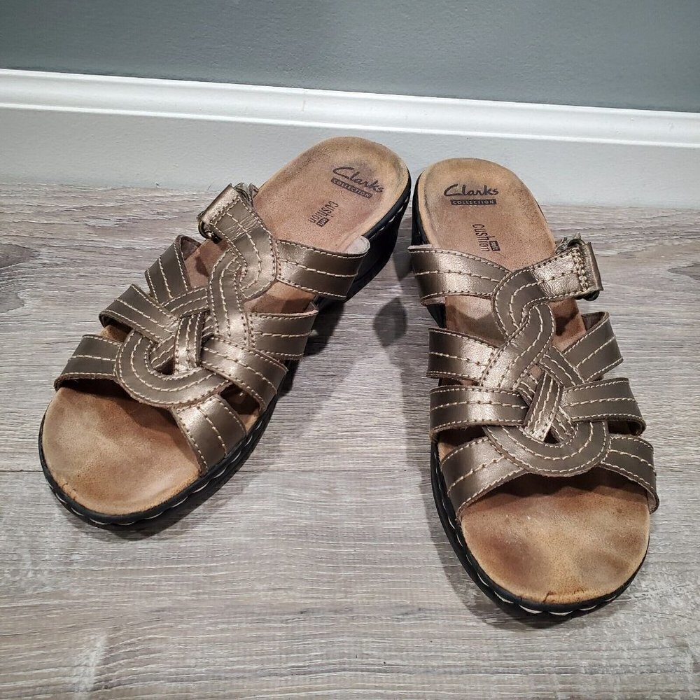 Clarks Lexi Dill Metallic Pewter Leather Wedge Heel Sandals Womens Size 10